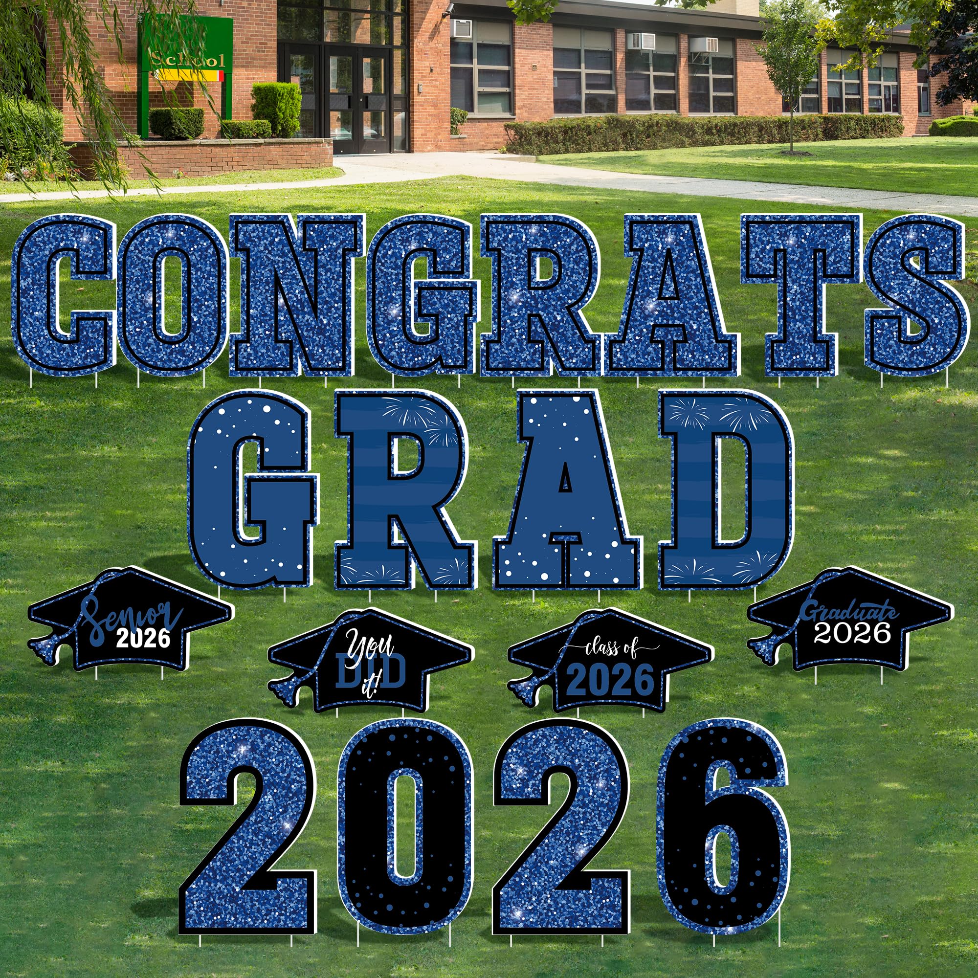HOVACY front packaging showing 20 blue Class of 2026 signs and stakes, clear set benefit