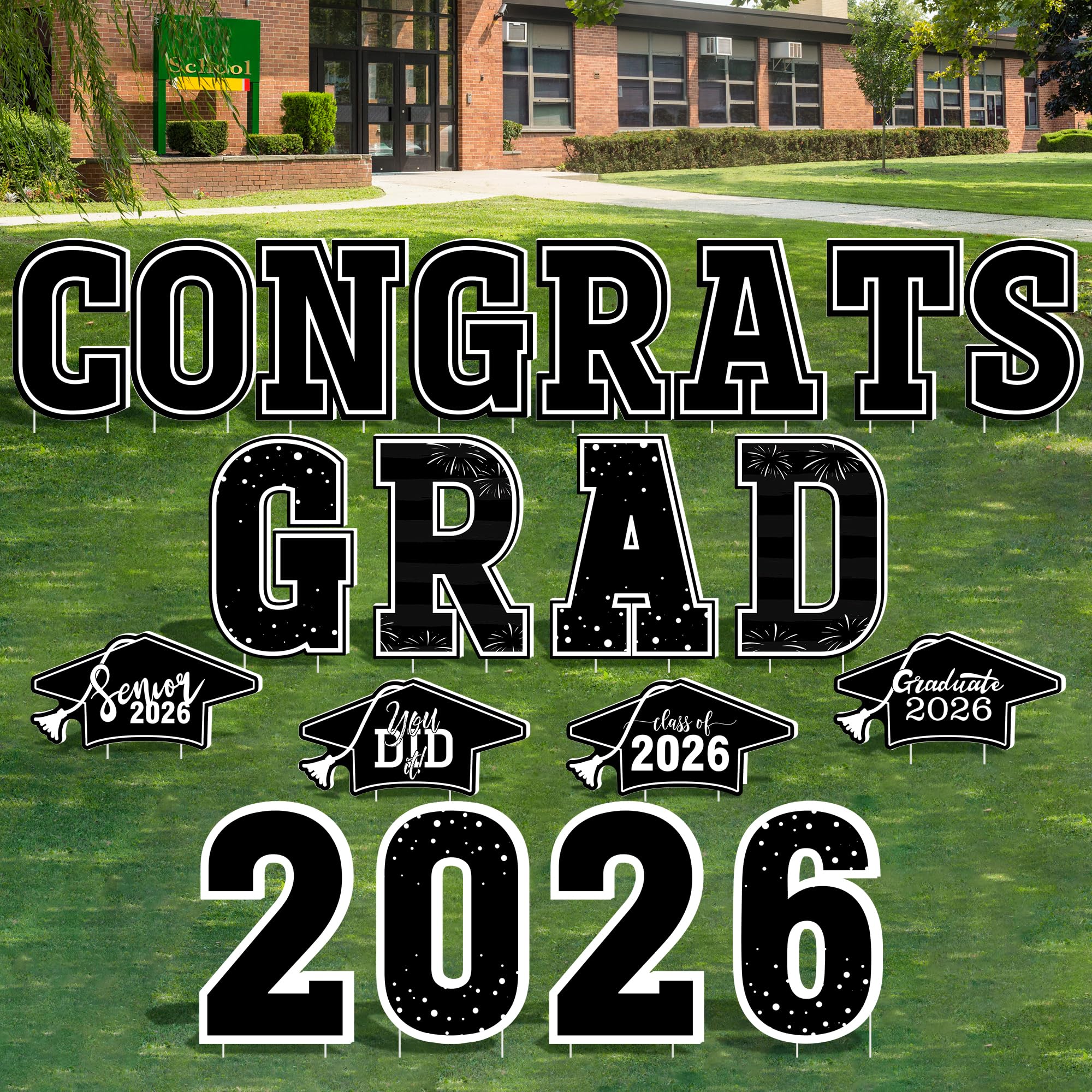 HOVACY front view of 20-piece Class of 2026 yard sign kit showing clean packaging and benefit