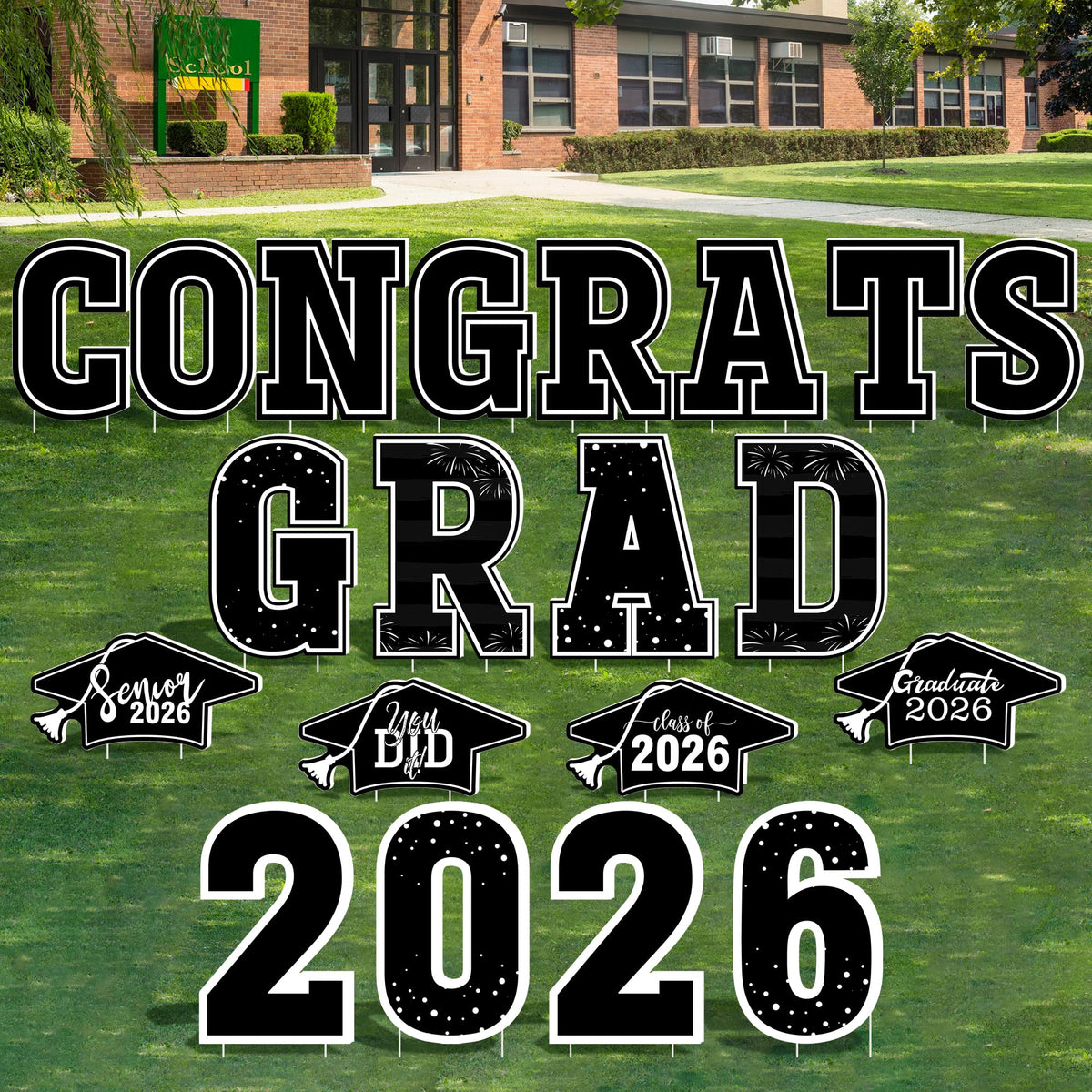 HOVACY front view of 20-piece Class of 2026 yard sign kit showing clean packaging and benefit