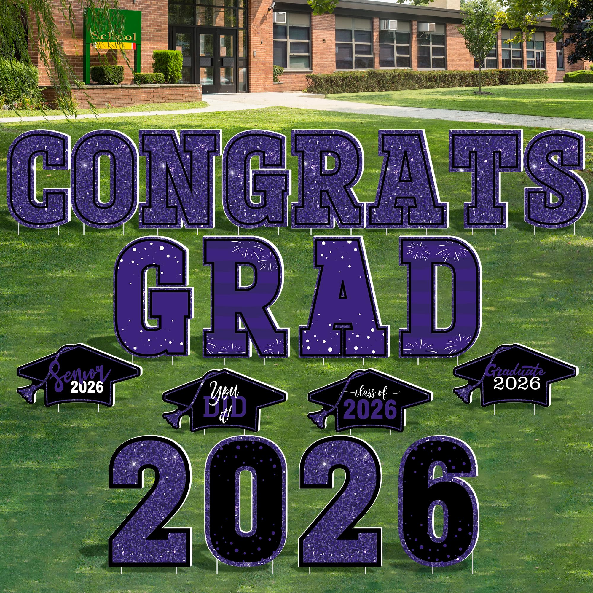 HOVACY front packaging showing twenty purple graduation yard signs for bold curb appeal