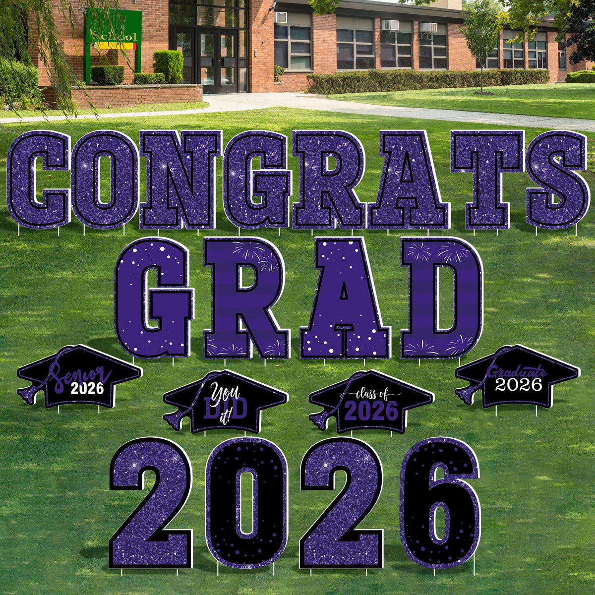 HOVACY front packaging showing twenty purple graduation yard signs for bold curb appeal