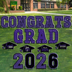 HOVACY front packaging showing twenty purple graduation yard signs for bold curb appeal