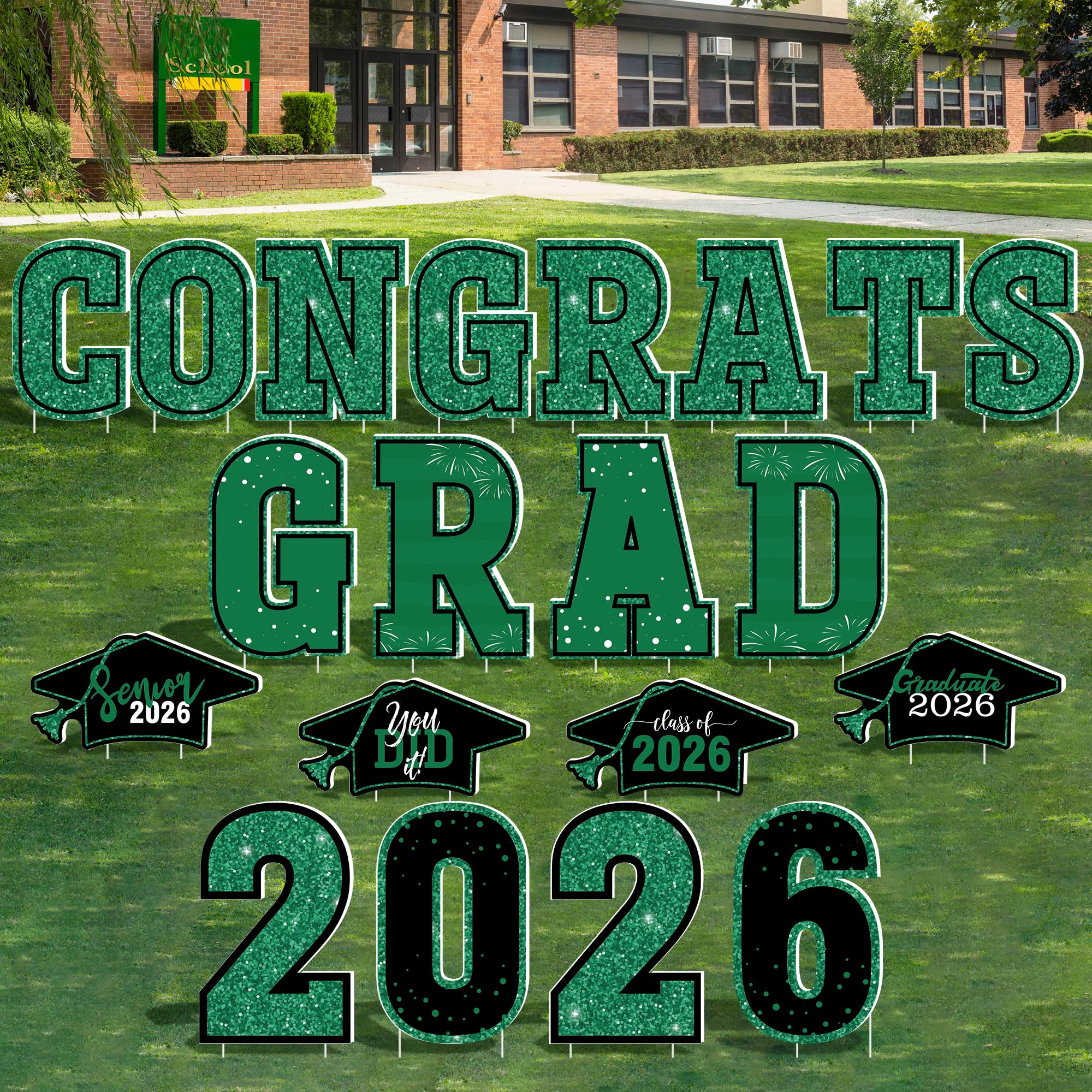 HOVACY front view of full 20-piece green sign pack showing festive graduation impact
