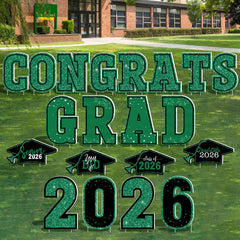 HOVACY front view of full 20-piece green sign pack showing festive graduation impact