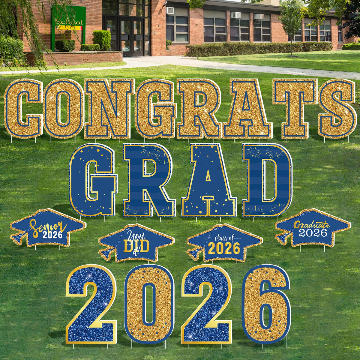 HOVACY front view of 20-piece blue gold yard signs showing bold congratulations