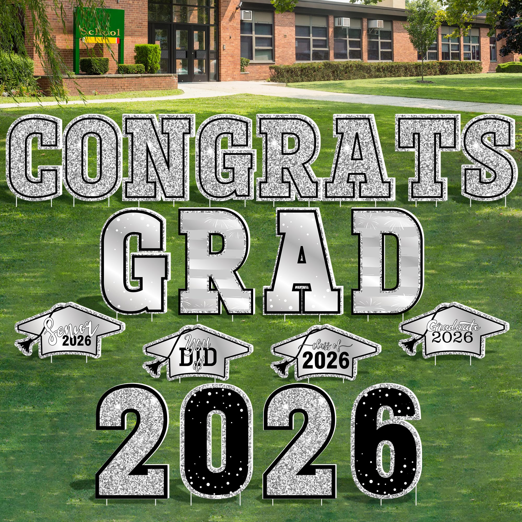 HOVACY front view silver Congrats Grad sign showing clear message and curb appeal