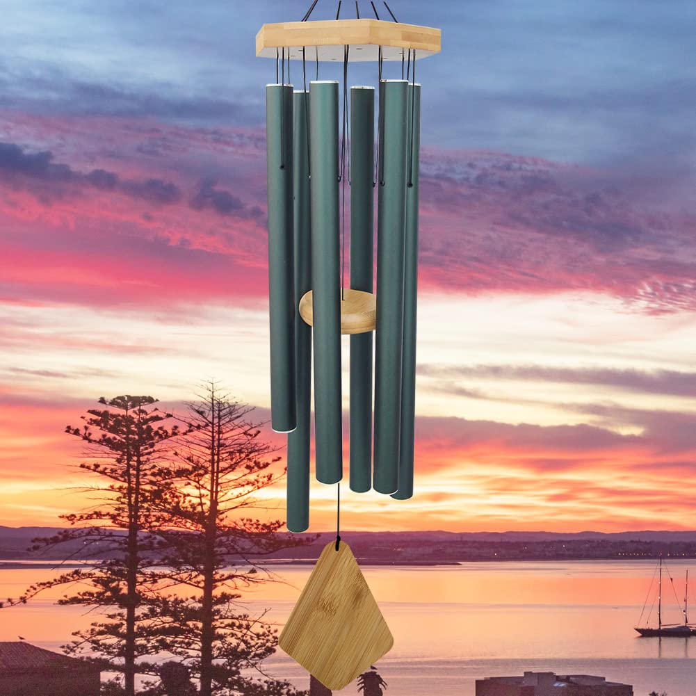 Howarmer front view showing full 36-inch chime and elegant green finish benefits tranquil sound