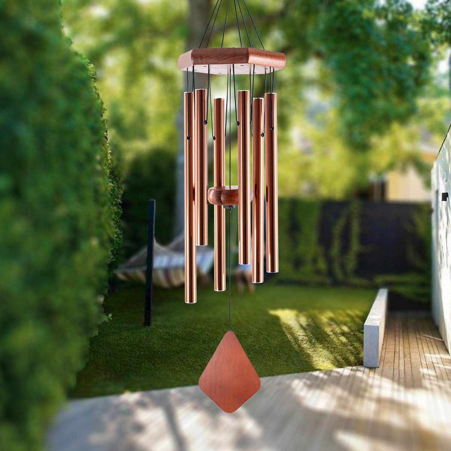 Howarmer front view showing full 28-inch bronze wind chime, decorative appeal