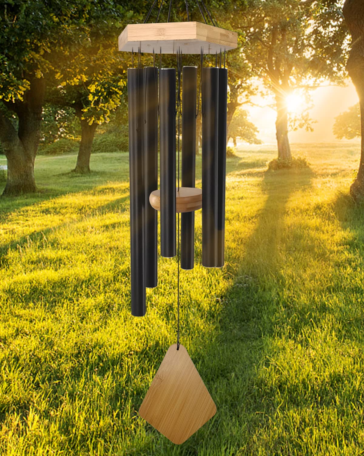 Howarmer front view of black 30-inch wind chime showing overall design and balance