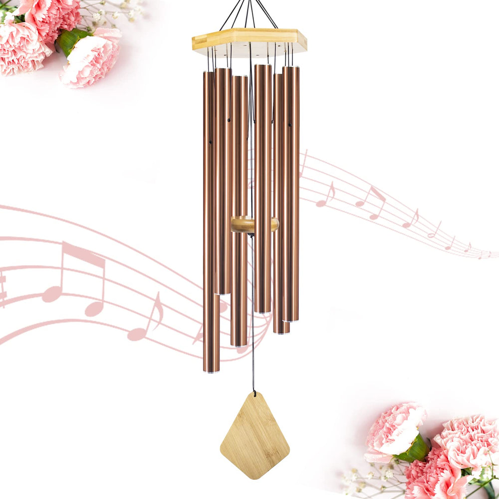 Howarmer front view of full 36-inch wind chime showing elegant outdoor accent and deep tone