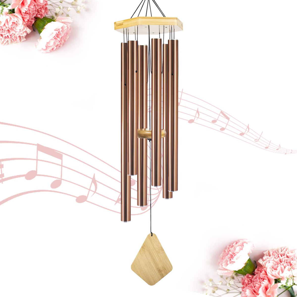 Howarmer front view of full 36-inch wind chime showing elegant outdoor accent and deep tone