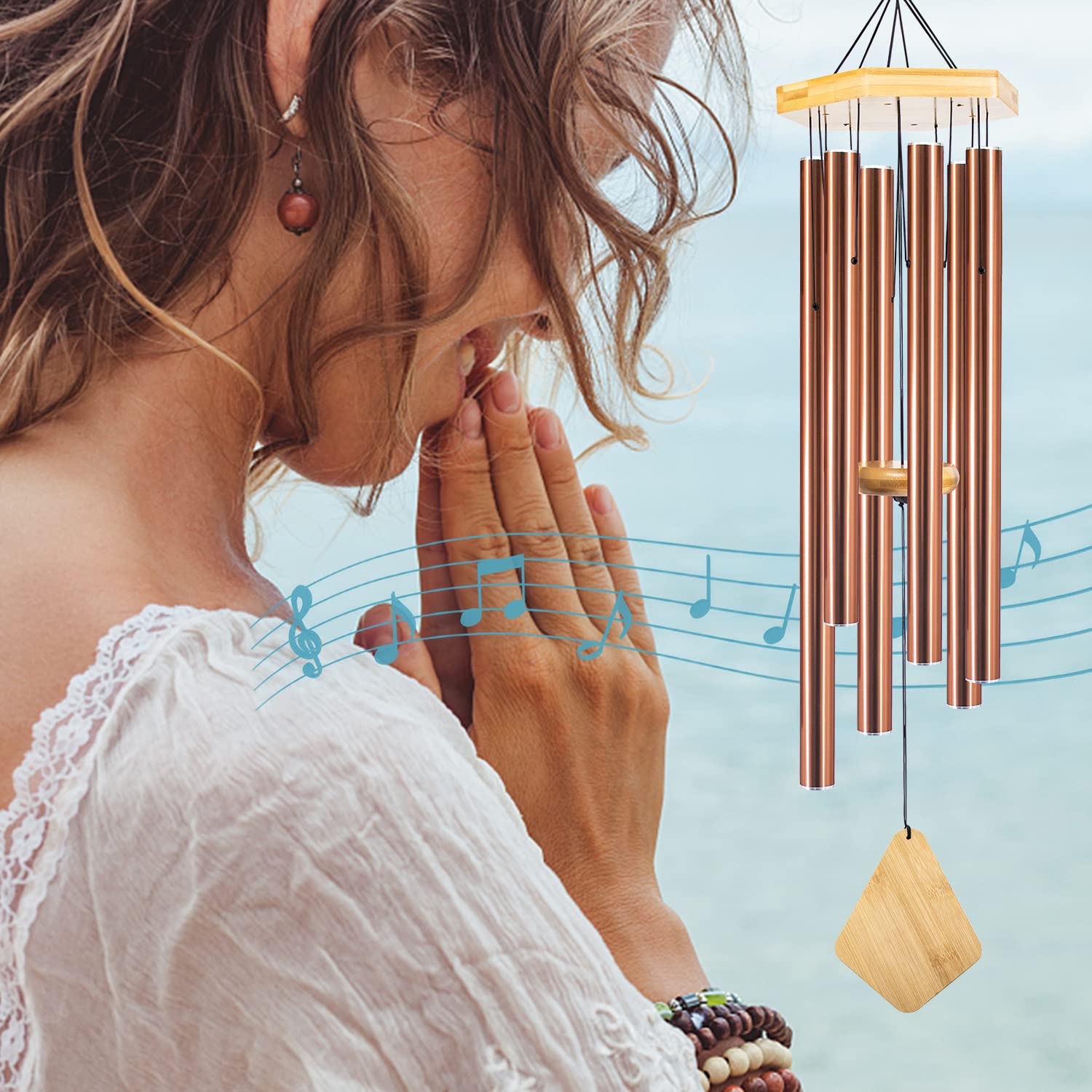 Howarmer wind chime beside common objects showing 36-inch scale and presence