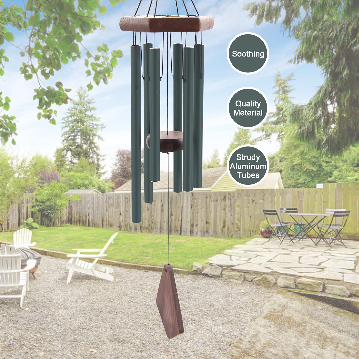 Howarmer chimes next to ruler showing 28 inch length for small spaces