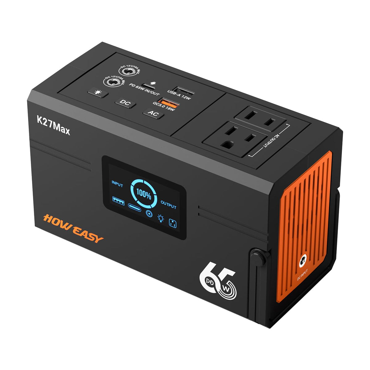 HOWEASY front panel showing AC and USB ports for versatile powering