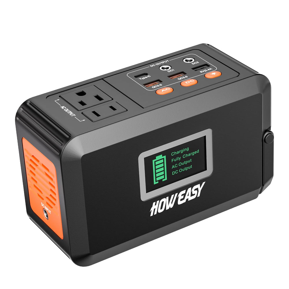 HOWEASY front panel showing AC, USB, and DC ports for versatile charging