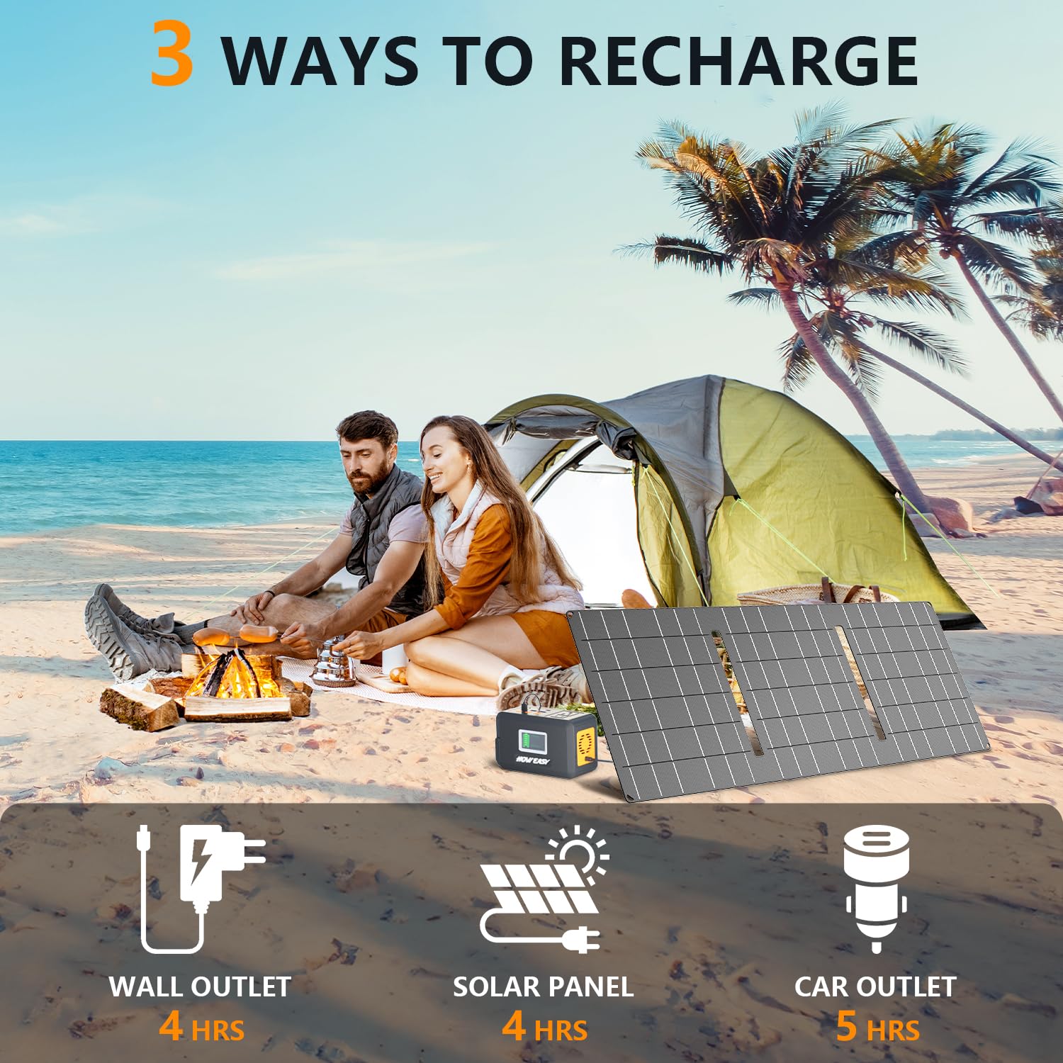 HOWEASY powering lights and phone inside a camping tent for reliable energy