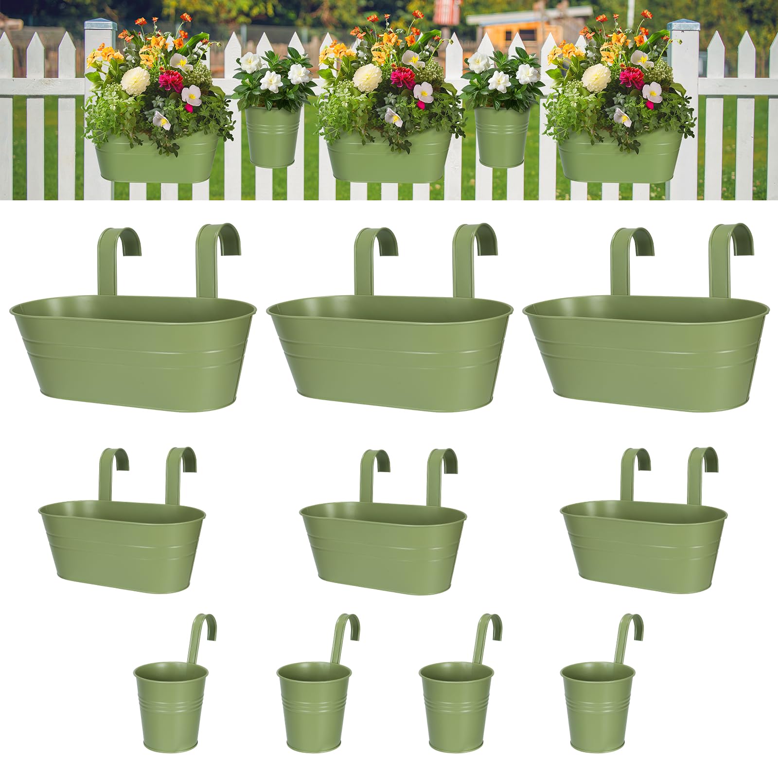 HowRU front view of green 10-piece hanging pots showing set on railing and visual appeal