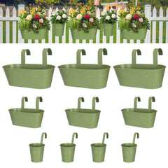 HowRU front view of green 10-piece hanging pots showing set on railing and visual appeal