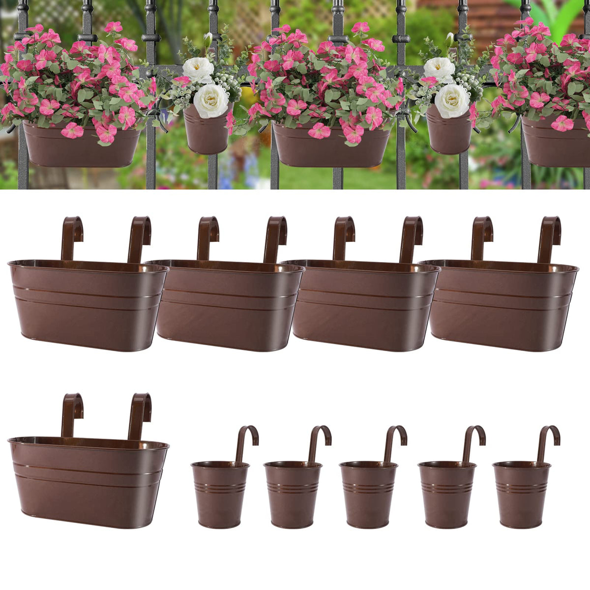 HowRU front view of bronze hanging pots showing stylish garden display