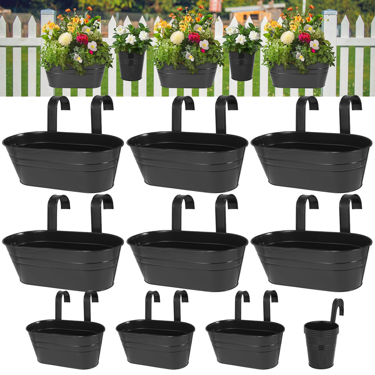 HowRU front view showing black hanging pots on a railing for space-saving display