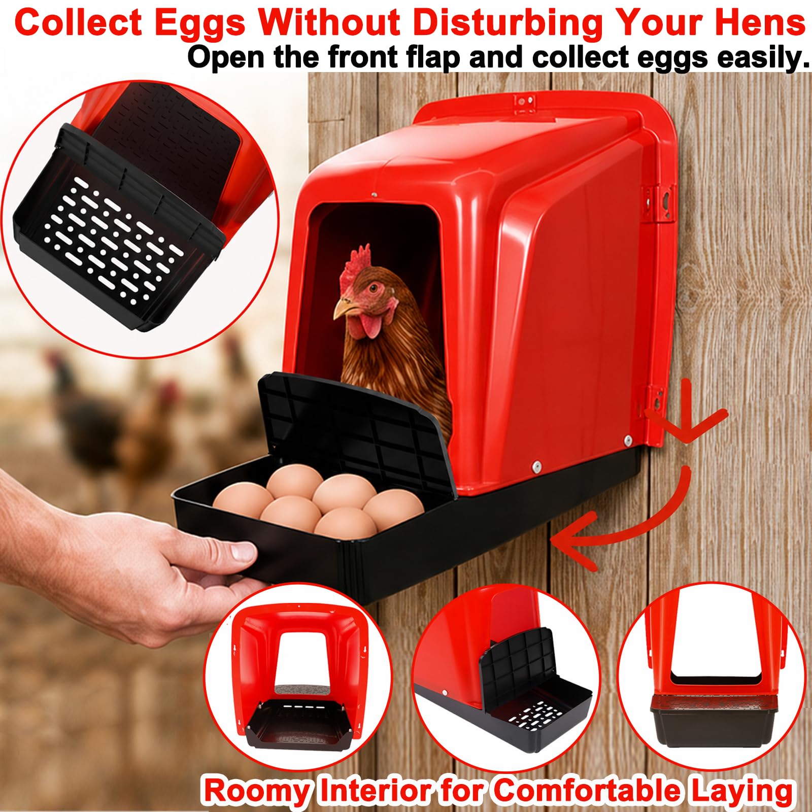HOWUXZO covered collection tray detail protecting eggs from hens and debris