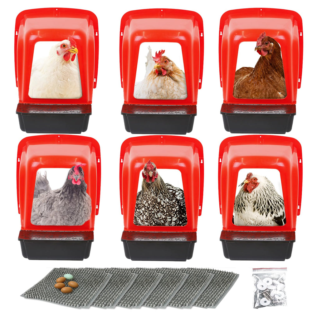 HOWUXZO front view of six red nesting boxes showing neat installation and easy access