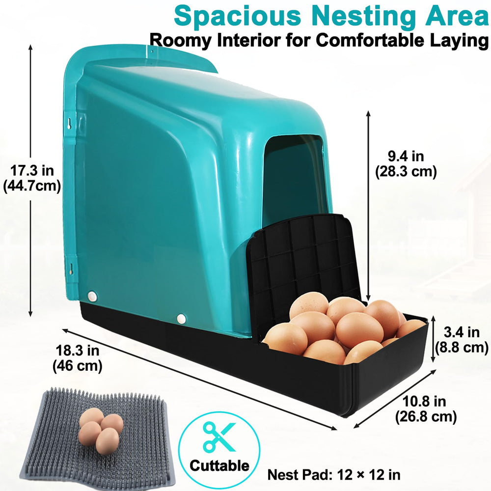 HOWUXZO hen entering nesting box illustrating comfortable nesting and secure egg protection