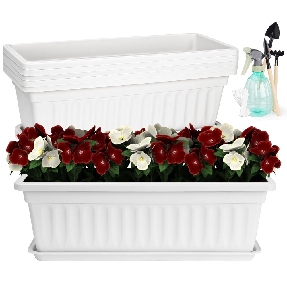 HOXHA front view of six white planter boxes showing clean profile and matching saucers for uniform display