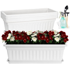 HOXHA front view of six white planter boxes showing clean profile and matching saucers for uniform display