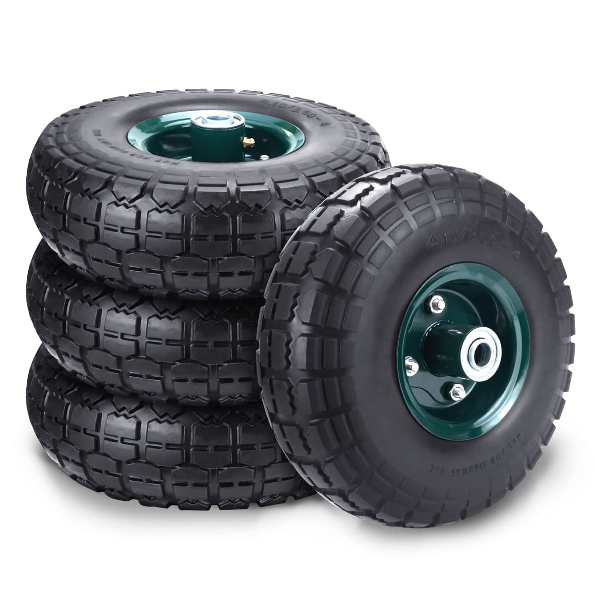 HOXWELL front view of four 10 inch flat free tires showing complete set and durability