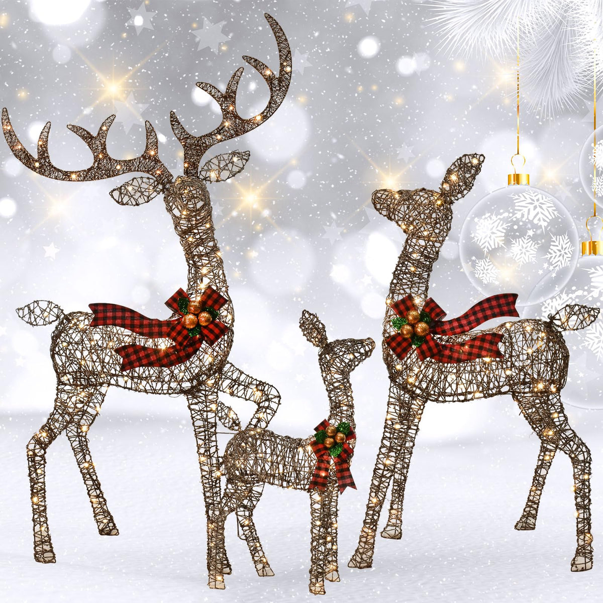 HOYECHI front view of rattan reindeer family glowing for curb appeal