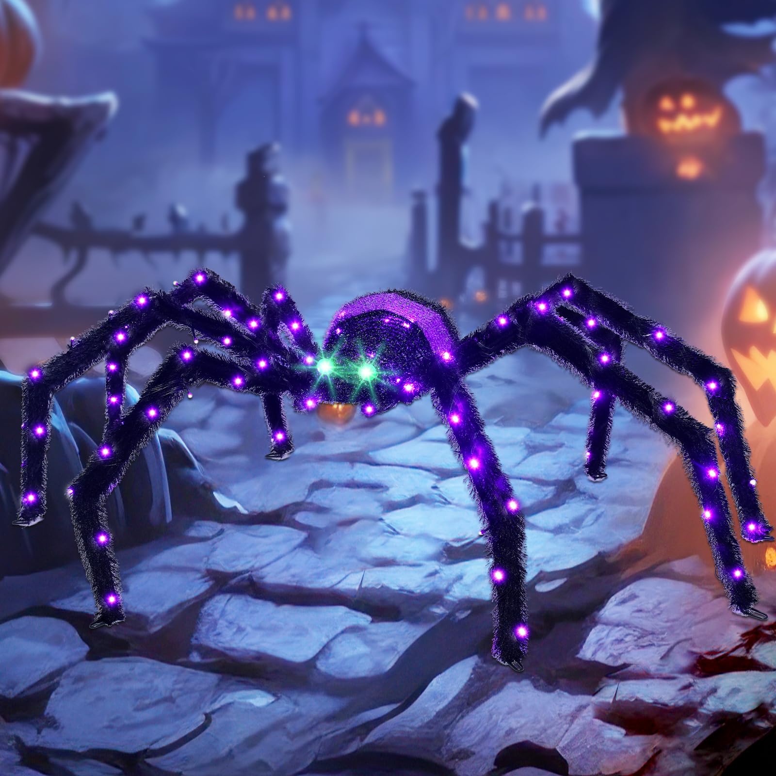 HOYECHI giant spider front view showing size and glowing LEDs for dramatic curb appeal