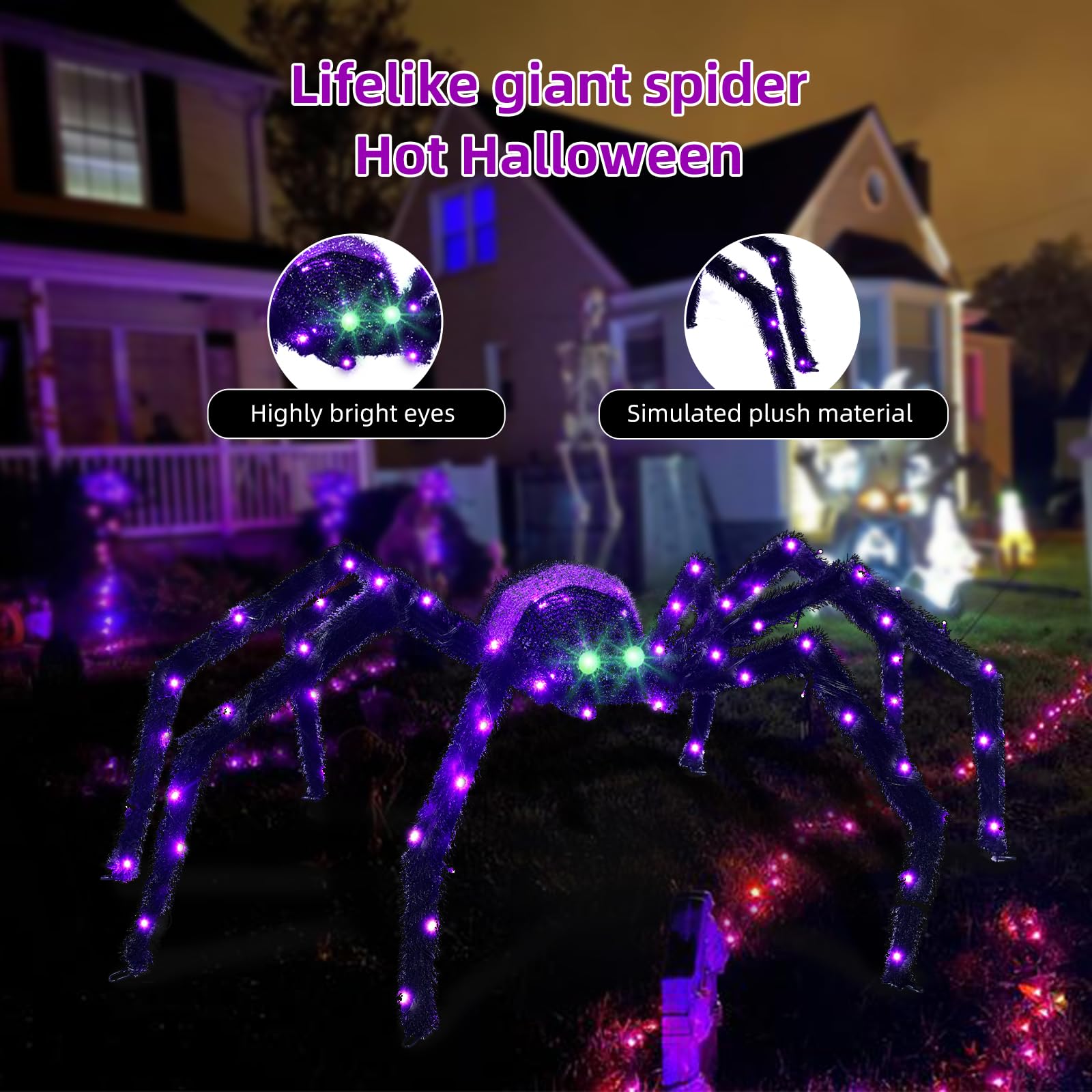 HOYECHI close-up of spider green LED eyes adding eerie focal point to yard display