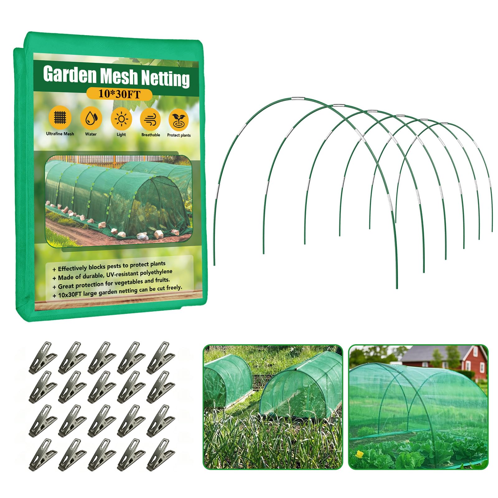 Hoyejyou front kit view showing net, hoops, connectors providing complete garden protection