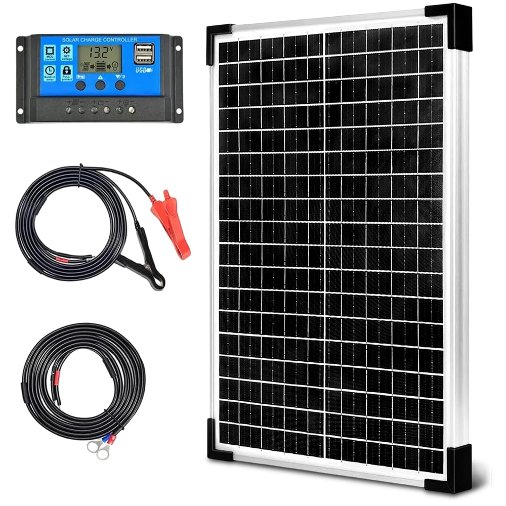 Hoysicy front view of 30W solar panel showing cells and frame, durable charging