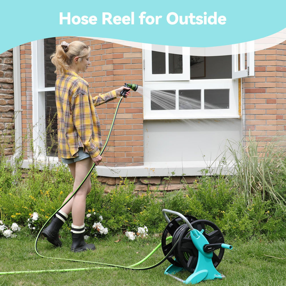 Hozcart mounted on exterior wall saving ground space and organizing hose