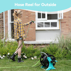 Hozcart mounted on exterior wall saving ground space and organizing hose