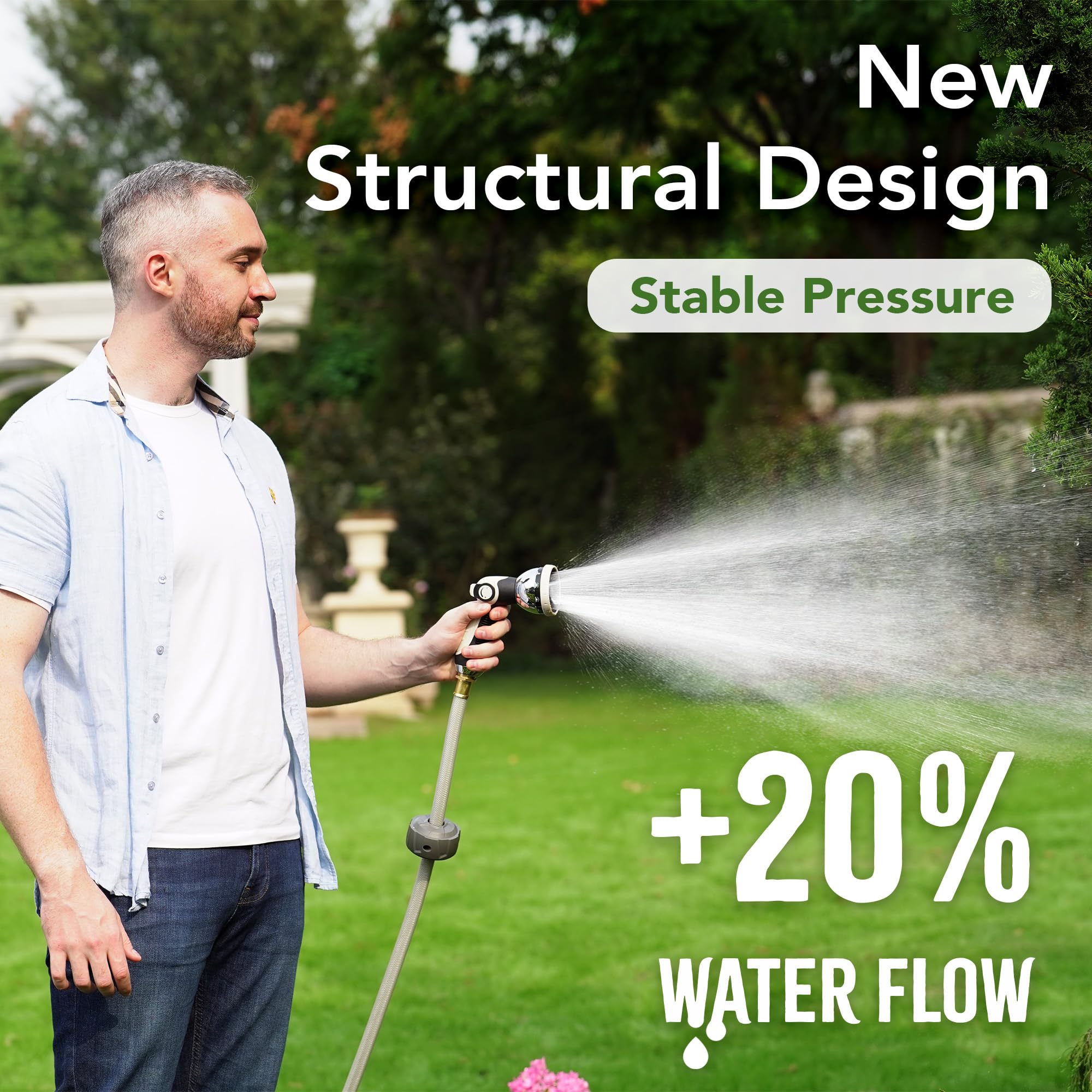 HOZEREEL 10-pattern nozzle in hand to switch spray options easily