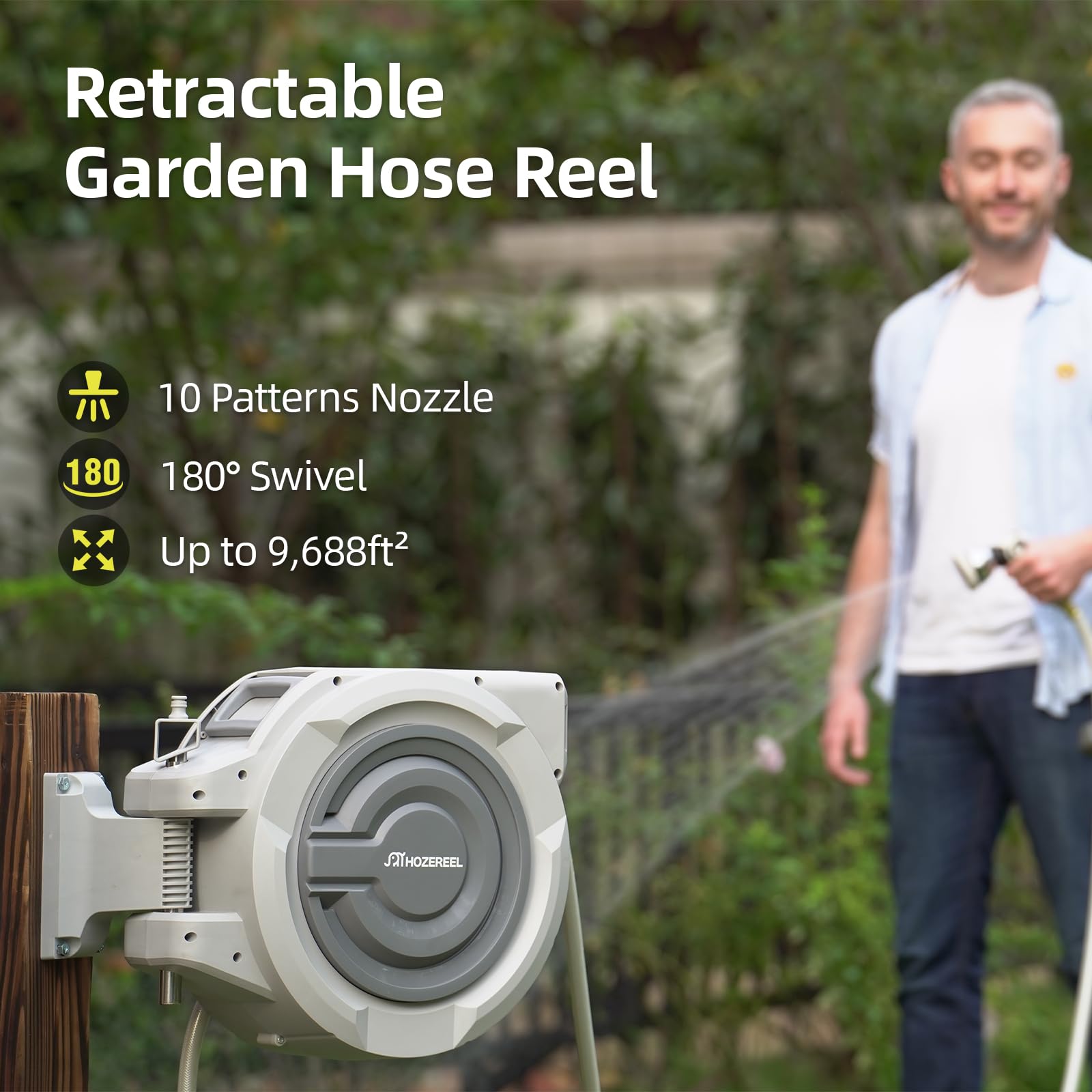 HOZEREEL 180-degree pivot bracket showing flexible hose direction and reduced stress