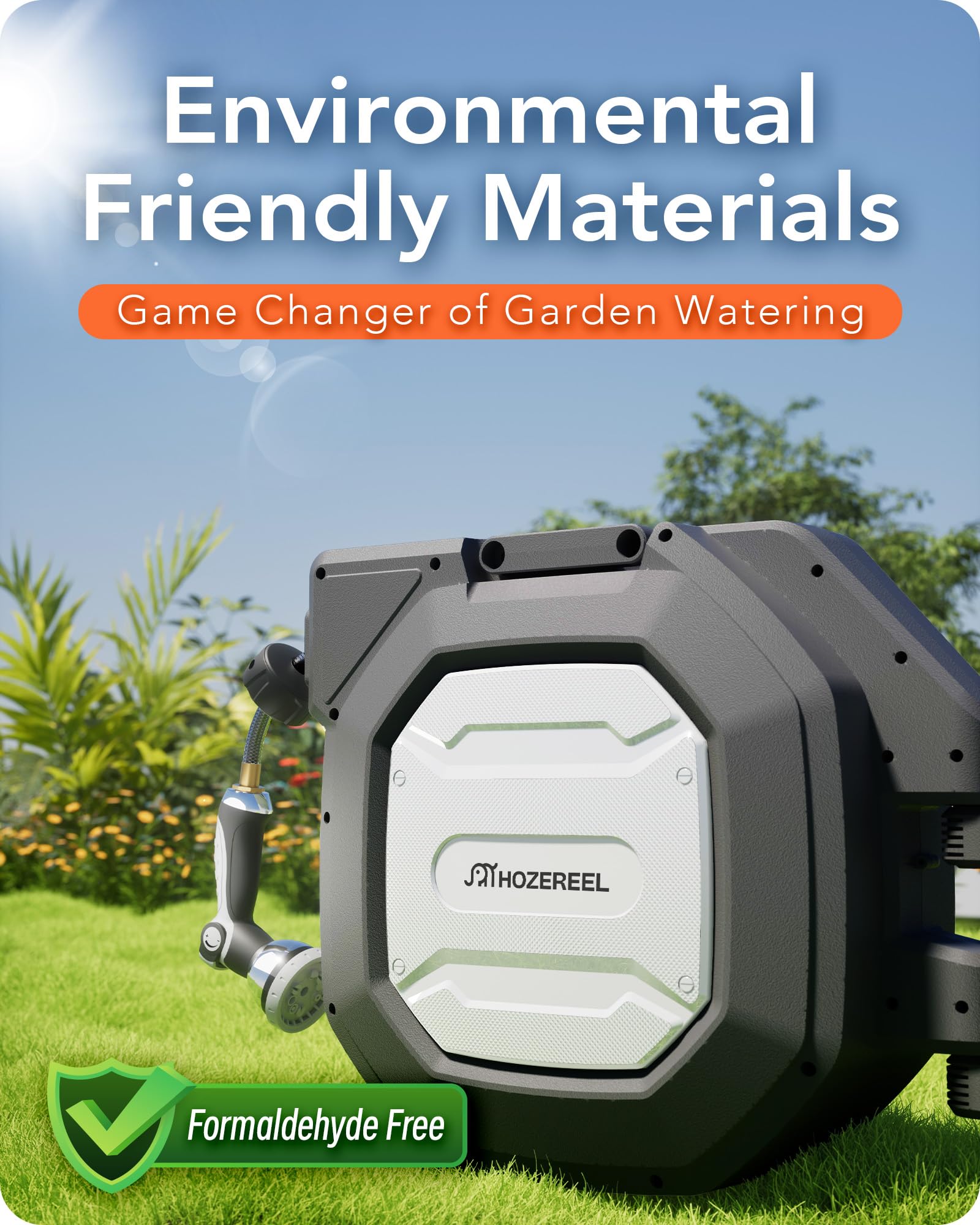 HOZEREEL closed housing weather shot showing UV resistant protection outdoors