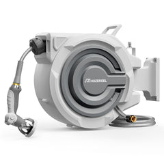 HOZEREEL front-mounted reel installed on exterior wall showing tidy storage and quick access