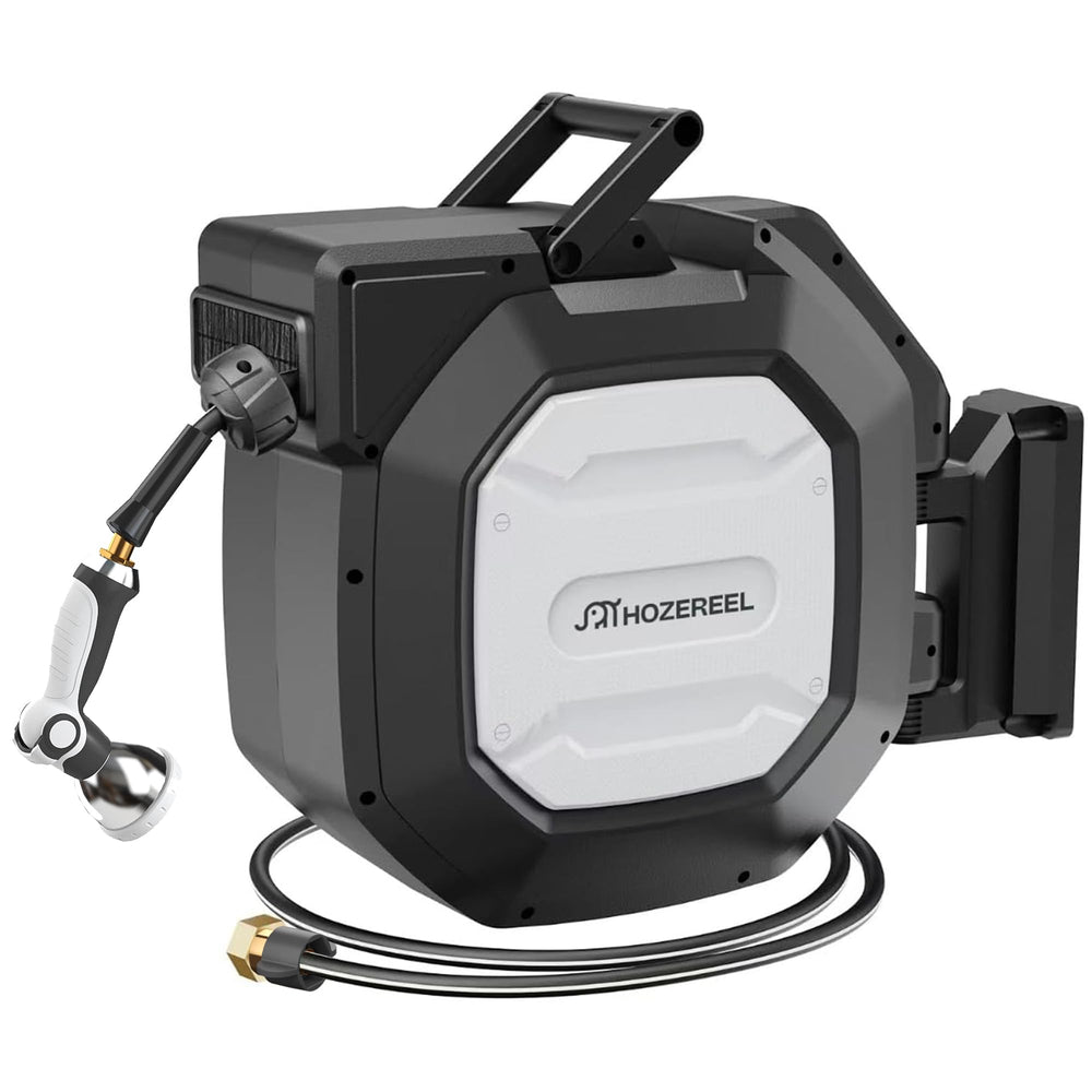 HOZEREEL front view wall mounted showing neat storage and tidy yard benefit