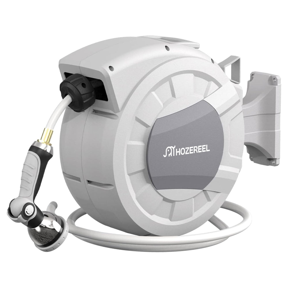 HOZEREEL front view wall-mounted reel showing neat outdoor storage and space saving