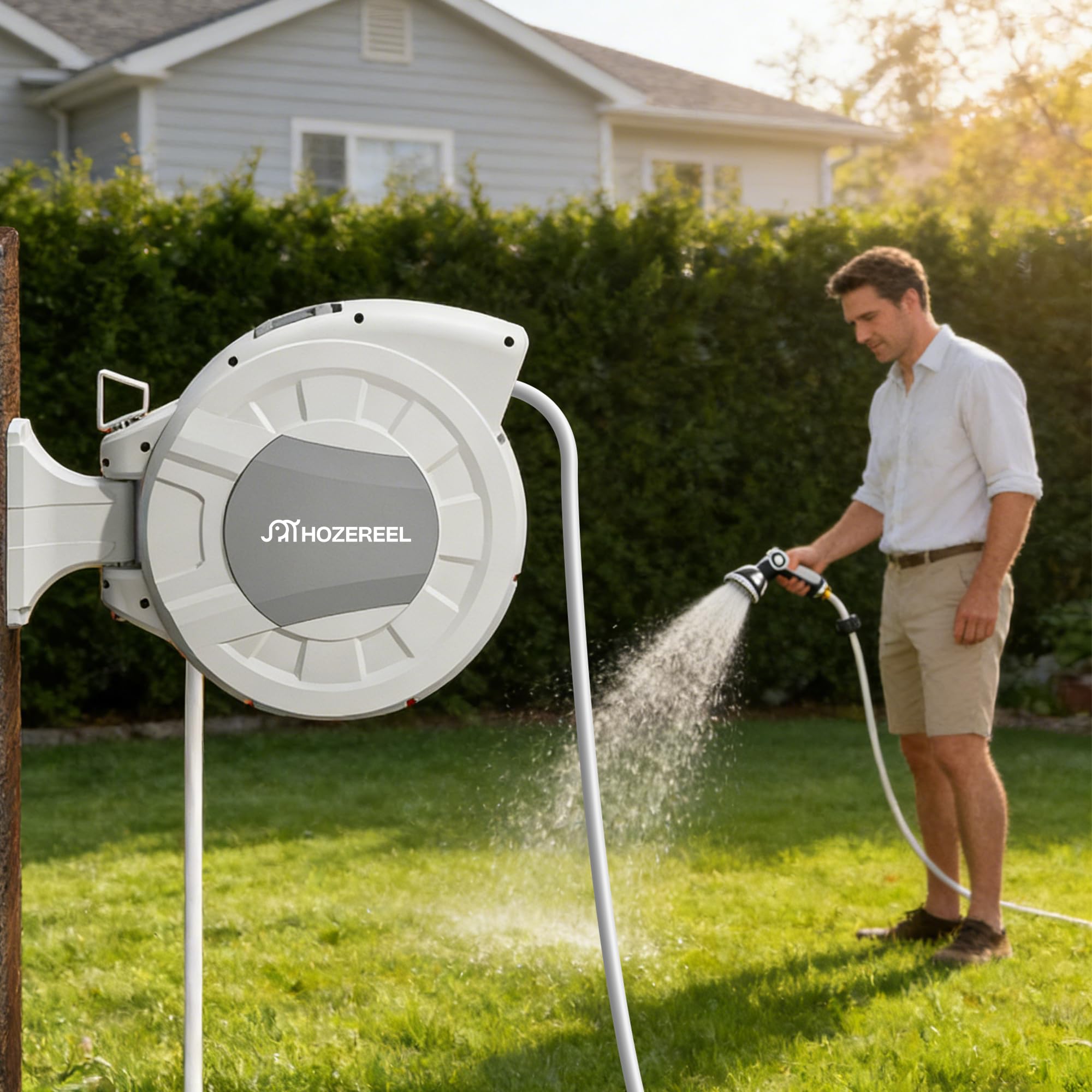 HOZEREEL retractable hose in use watering garden for faster outdoor tasks