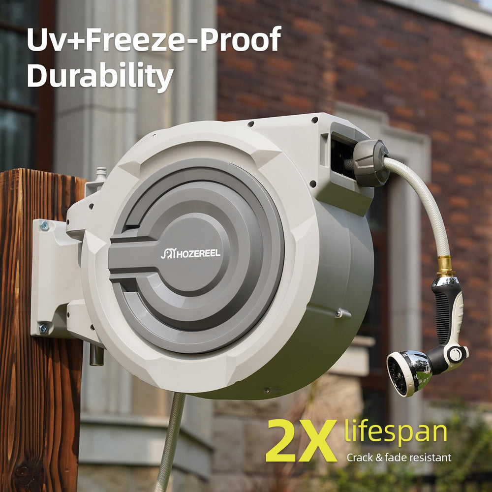 HOZEREEL hose fully extended across lawn showing long reach and easy maneuvering