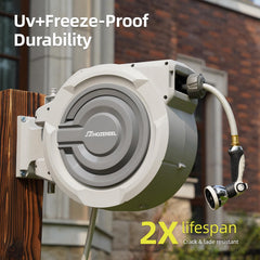 HOZEREEL hose fully extended across lawn showing long reach and easy maneuvering
