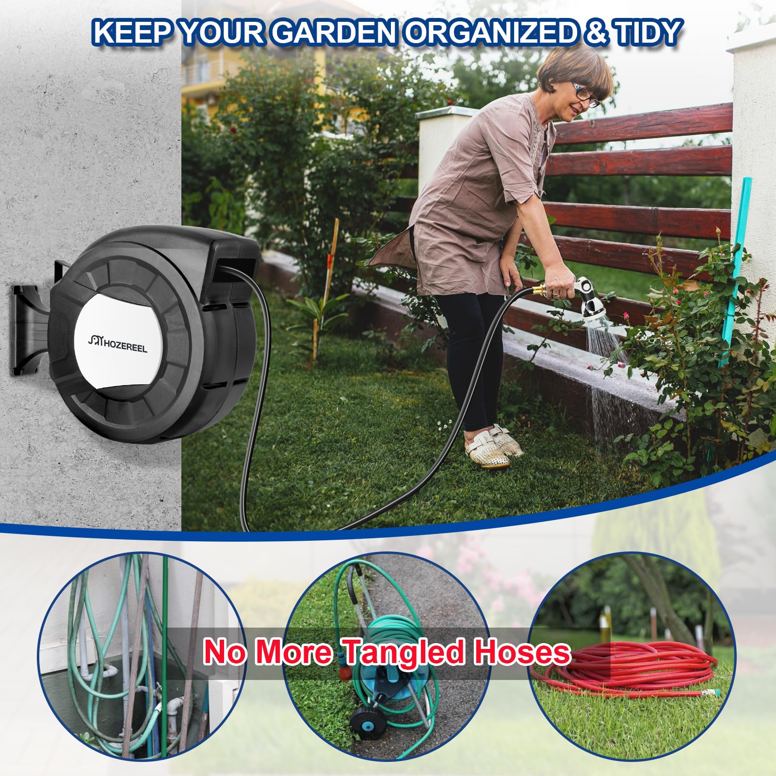 HOZEREEL in garden lifestyle shot showing long reach and convenient watering