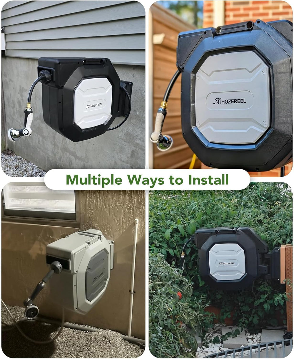 HOZEREEL on patio washing driveway illustrating cleaning power
