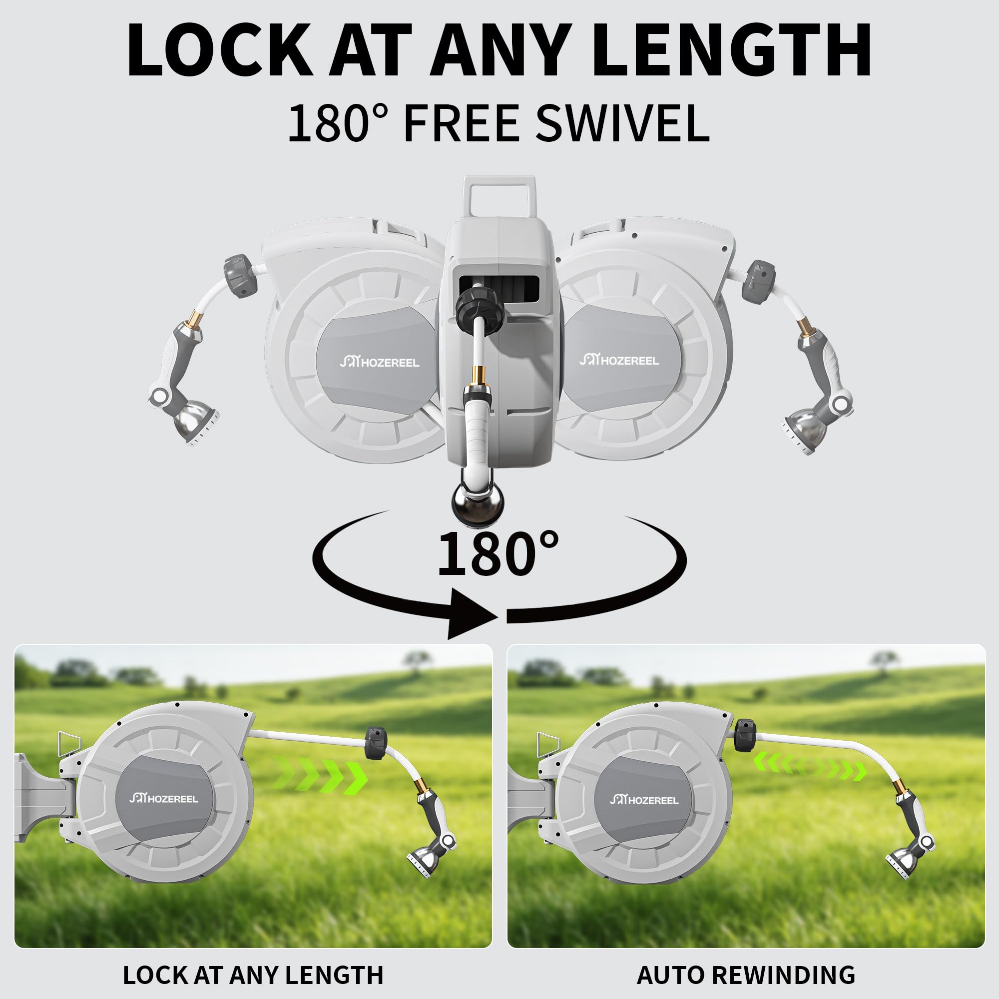 HOZEREEL mounted on wall at 180-degree swivel demonstrating extended reach