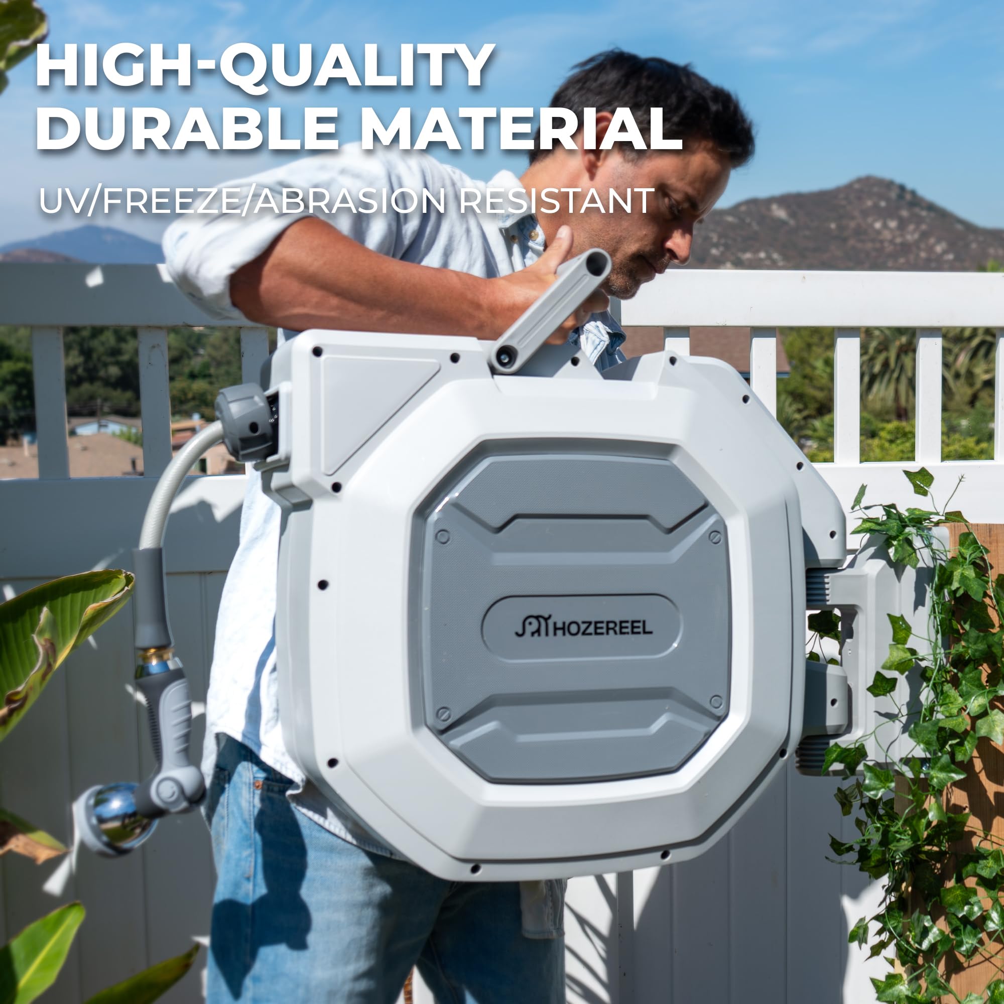 HOZEREEL mounted on an exterior wall reaching a large lawn for easy coverage